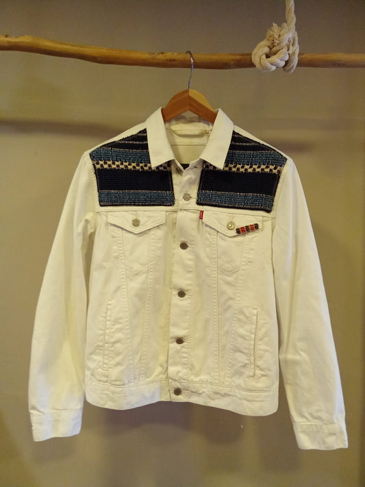 Custom White Denim Jacket with Blue Israeli Weaving